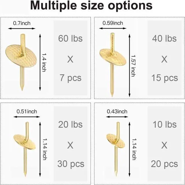 Alt view image 2 of 7 - 72 pcs Picture Hangers with 10-60lbs, 4 Different Size Picture Hangers, Iron Alloy Nail Hooks, Plaster Picture Hanging Kit on Wooden/Drywall Hanging Hardware for Clock, Mirror, Jewelry
