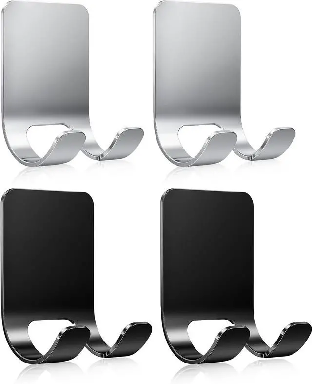 Main image of 4Pcs Razor Holder, Shaver Hook Hanger, Multipurpose Self Adhesive Double Hooks, Silver Black Stainless Steel Shower Hooks, For Bathroom and Kitchen Storage, Includes Loofah, Towel, Plug, Clothes