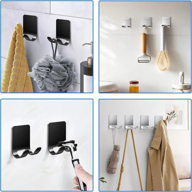 Alt view image 5 of 7 - 4Pcs Razor Holder, Shaver Hook Hanger, Multipurpose Self Adhesive Double Hooks, Silver Black Stainless Steel Shower Hooks, For Bathroom and Kitchen Storage, Includes Loofah, Towel, Plug, Clothes