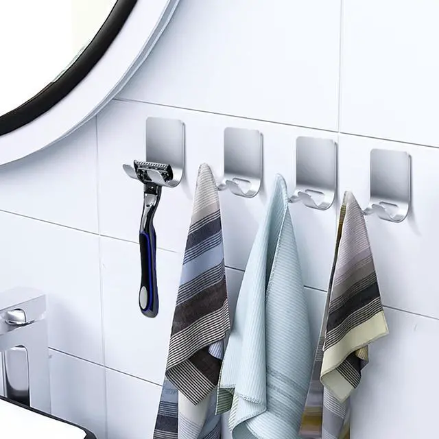 Alt view image 6 of 7 - 4Pcs Razor Holder, Shaver Hook Hanger, Multipurpose Self Adhesive Double Hooks, Silver Black Stainless Steel Shower Hooks, For Bathroom and Kitchen Storage, Includes Loofah, Towel, Plug, Clothes