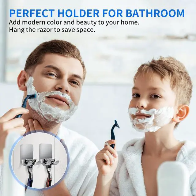 Alt view image 3 of 7 - 4Pcs Razor Holder, Shaver Hook Hanger, Multipurpose Self Adhesive Double Hooks, Silver Black Stainless Steel Shower Hooks, For Bathroom and Kitchen Storage, Includes Loofah, Towel, Plug, Clothes
