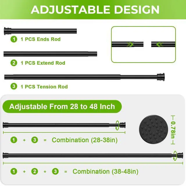 Alt view image 3 of 7 - Spring Tension Rods 28-48 Inch, No Drill Tension Curtain Rods, Black | Spring loaded, adjustable, small short rod. Fits window, kitchen, doorway, cupboard, wardrobe