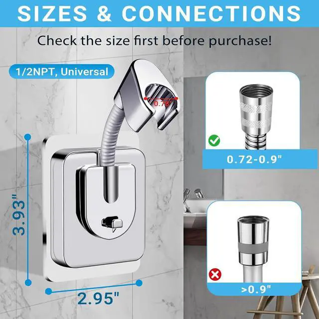 Alt view image 3 of 6 - Shower Head Holder Adhesive, No-Drill Adjustable Handheld Shower Head Holder Wall Mount, Chrome Shower Wand Holder Waterproof & Universal Fit for Home, RV & Rental Bathrooms