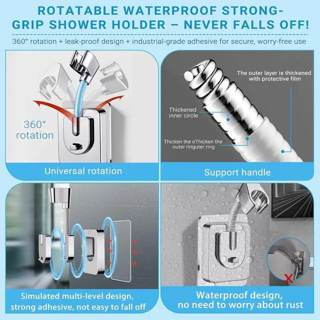 Alt view image 4 of 6 - Shower Head Holder Adhesive, No-Drill Adjustable Handheld Shower Head Holder Wall Mount, Chrome Shower Wand Holder Waterproof & Universal Fit for Home, RV & Rental Bathrooms