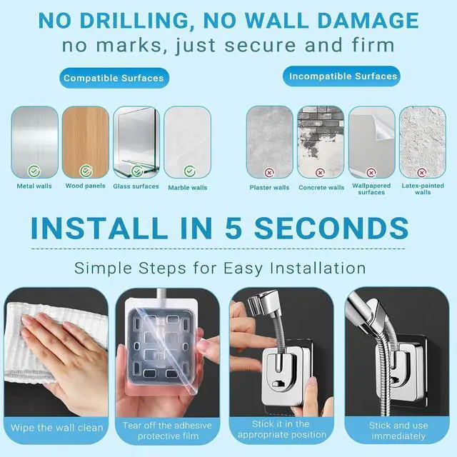 Alt view image 6 of 6 - Shower Head Holder Adhesive, No-Drill Adjustable Handheld Shower Head Holder Wall Mount, Chrome Shower Wand Holder Waterproof & Universal Fit for Home, RV & Rental Bathrooms