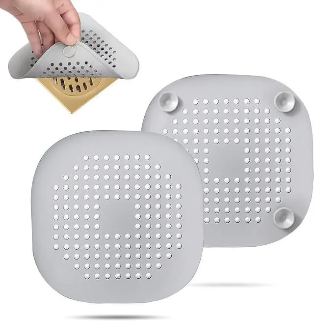Main image of 2 Pack Hair Drain Catcher,Square Drain Cover for Shower Silicone Hair Stopper with Suction Cup,Easy to Install Suit for Bathroom,Bathtub,Kitchen (Sliver Grey)