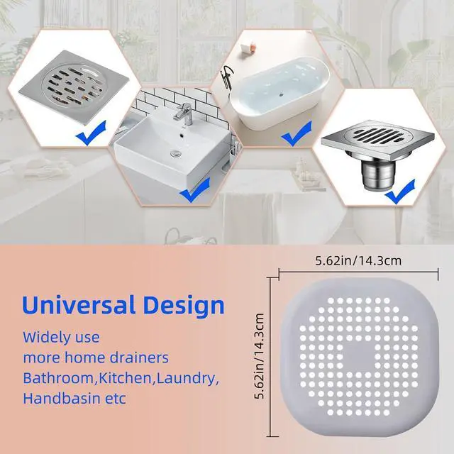Alt view image 4 of 4 - 2 Pack Hair Drain Catcher,Square Drain Cover for Shower Silicone Hair Stopper with Suction Cup,Easy to Install Suit for Bathroom,Bathtub,Kitchen (Sliver Grey)