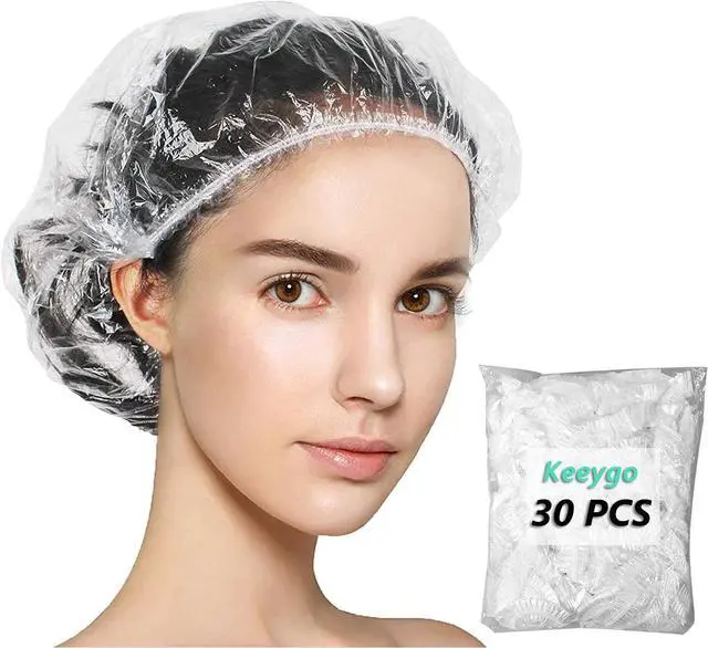Main image of Keeygo Disposable Shower Caps 30 PCS Bath Caps Clear Waterproof Plastic Wraps for Women, Hotel Travel Essentials Accessories Hair Caps(17.3")