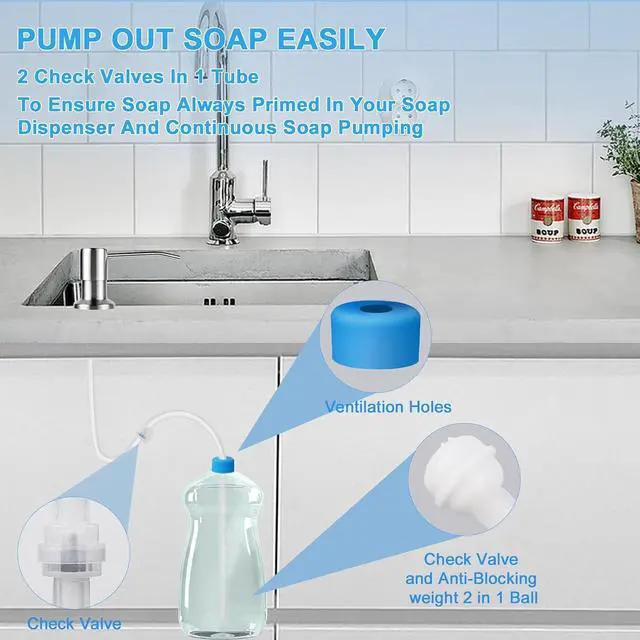 Alt view image 3 of 6 - Sink Soap Dispenser Extension Tube Kit with Upgraded Check Valve, Premium 47" Under Counter Soap Dispenser Tube for Kitchen Sink, Powerful Suction, No More Refilling Tiny Bottle
