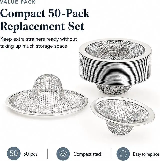 Alt view image 4 of 7 - Kingrol 50 Pack 2-3/4 Inch Stainless Steel Sink Strainers, Small Mesh Drain Strainer Baskets for Kitchen Sink, Bathroom Sink, Bathtub, Laundry, Floor Drain and Utility Sink