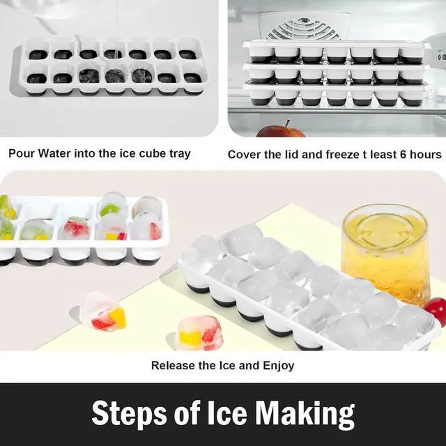 Alt view image 4 of 7 - DclobTop Ice Cube Trays for Freezer - 3 Pack 42 Ice Cubes, Easy to Release Plastic Silicone Trays with Spill-Resistant Lids, Reusable Stackable Tray for Cocktails, Drinks and Coffee, BPA-Free,Black