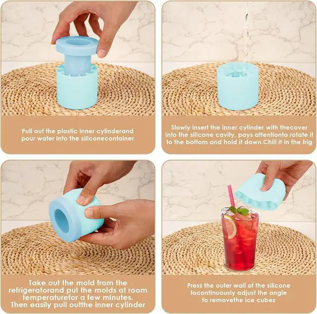 Alt view image 4 of 6 - 2 Pack Cylinder Silicone Ice Cube Molds, Easy-Release Ice Cube Trays for Cocktails, Whiskey, Coffee, Drinks, Portable Ice Bucket Maker Cup with Squeeze Design, 40 Pcs Ice Cubes Capacity (Blue)