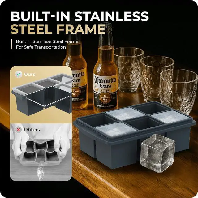 Alt view image 2 of 7 - Large Ice Cube Trays for Whiskey, Silicone Ice Cube Tray, with Reinforced Steel Ring Top, Makes 12 perfect 2-in ice cubes, Square Ice Tray for Cocktails, Whiskey, Coffee. (2 Pack)