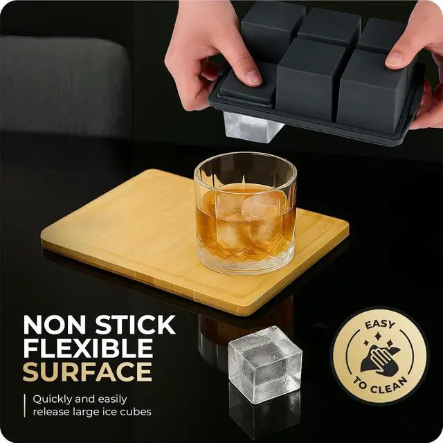 Alt view image 4 of 7 - Large Ice Cube Trays for Whiskey, Silicone Ice Cube Tray, with Reinforced Steel Ring Top, Makes 12 perfect 2-in ice cubes, Square Ice Tray for Cocktails, Whiskey, Coffee. (2 Pack)