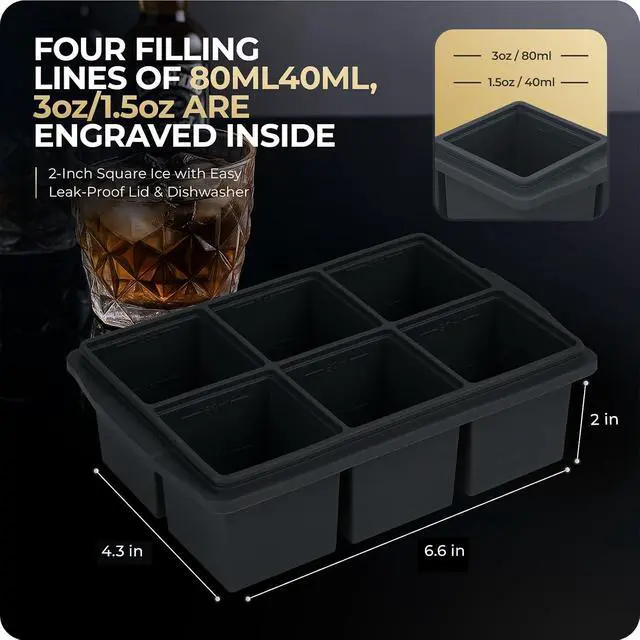 Alt view image 6 of 7 - Large Ice Cube Trays for Whiskey, Silicone Ice Cube Tray, with Reinforced Steel Ring Top, Makes 12 perfect 2-in ice cubes, Square Ice Tray for Cocktails, Whiskey, Coffee. (2 Pack)