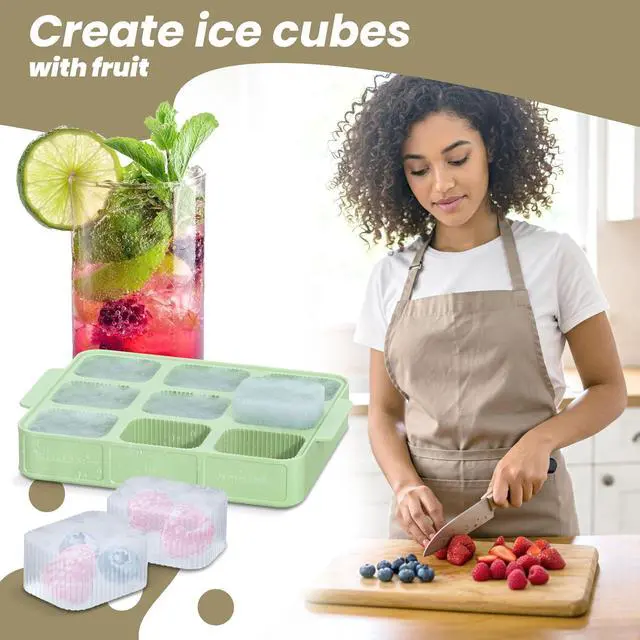 Alt view image 3 of 6 - Silicone ice cube tray with lid and handle I Stackable Small and handy large ice cubes with grooves for easy removal I Odorless and tasteless container (6,3 x 4,7 x 1,02 In)