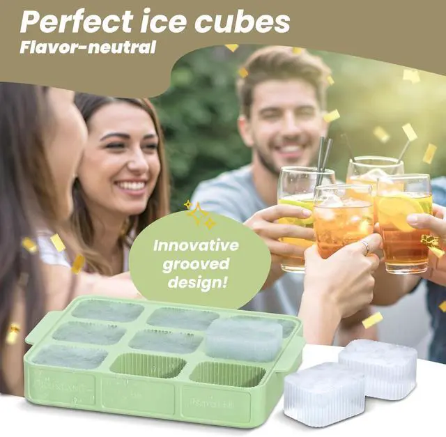 Alt view image 4 of 6 - Silicone ice cube tray with lid and handle I Stackable Small and handy large ice cubes with grooves for easy removal I Odorless and tasteless container (6,3 x 4,7 x 1,02 In)