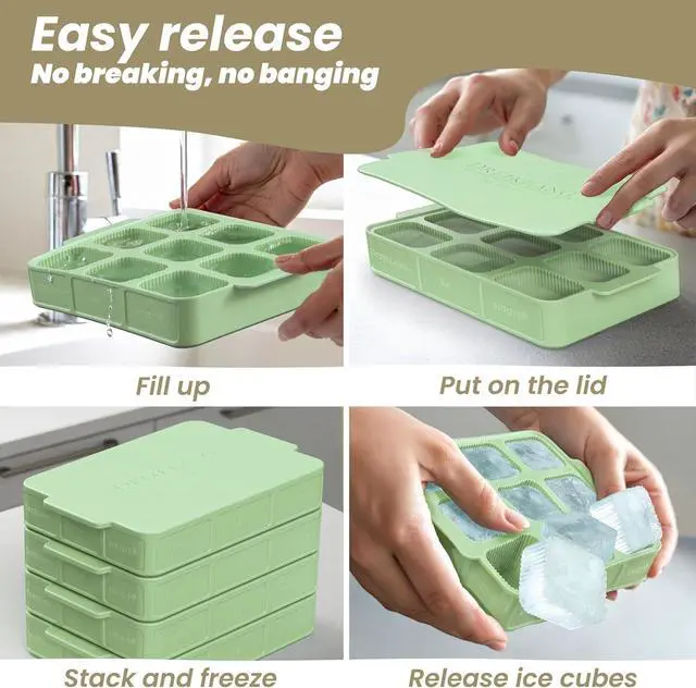 Alt view image 5 of 6 - Silicone ice cube tray with lid and handle I Stackable Small and handy large ice cubes with grooves for easy removal I Odorless and tasteless container (6,3 x 4,7 x 1,02 In)
