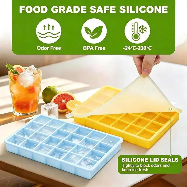 Alt view image 2 of 7 - Silicone Ice Cube Tray, Easy Release Flexible Ice Cube Tray with Removable Lid, 24 Ice Cub Per Tray for Whiskey, Freezer, Cocktail, Reusable & BPA Free (Blue+Yellow)