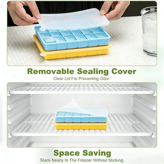 Alt view image 6 of 7 - Silicone Ice Cube Tray, Easy Release Flexible Ice Cube Tray with Removable Lid, 24 Ice Cub Per Tray for Whiskey, Freezer, Cocktail, Reusable & BPA Free (Blue+Yellow)