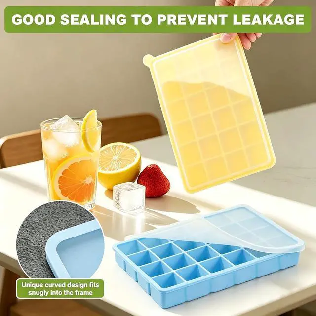 Alt view image 4 of 7 - Silicone Ice Cube Tray, Easy Release Flexible Ice Cube Tray with Removable Lid, 24 Ice Cub Per Tray for Whiskey, Freezer, Cocktail, Reusable & BPA Free (Blue+Yellow)