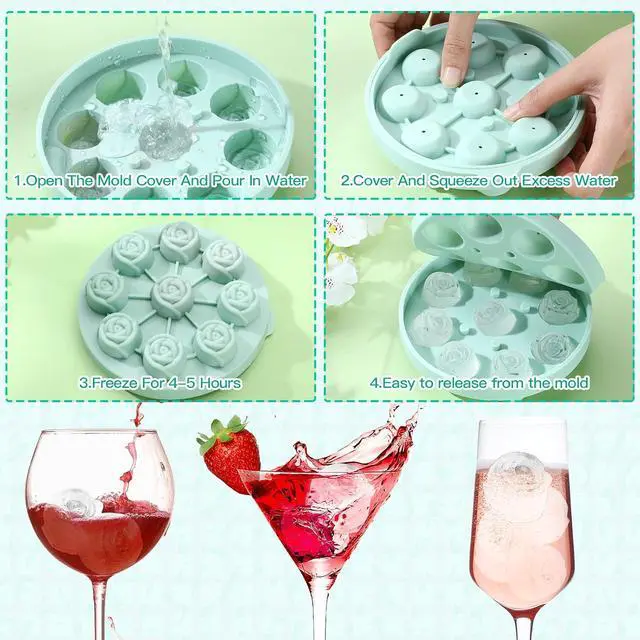 Alt view image 3 of 7 - Hsei 2 Pieces 3D Rose Ice Mold 1.4 Inch Silicone Flower Ice Cube Trays Rose Silicone Mold for Freezer Whiskey Wine Cocktails Juice Bourbon Mimosas, Dishwasher Safe, Pink, Green