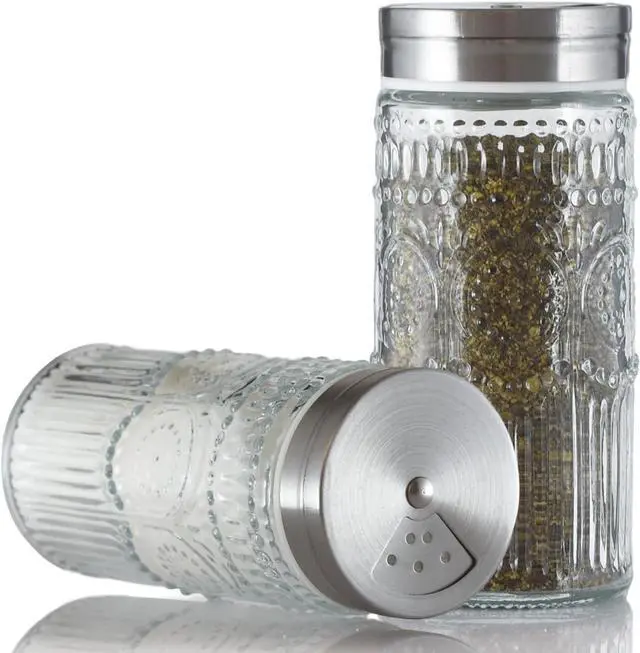 Main image of 2 Pack Glass Salt and Pepper Shaker with 304 Stainless Steel Adjustable Lid, 120ml Refillable Spice Dispenser for Table, Kitchen(Tall-Sunflower)