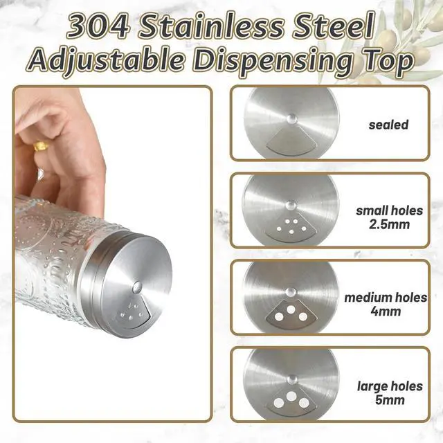 Alt view image 3 of 7 - 2 Pack Glass Salt and Pepper Shaker with 304 Stainless Steel Adjustable Lid, 120ml Refillable Spice Dispenser for Table, Kitchen(Tall-Sunflower)