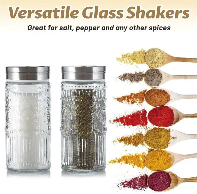 Alt view image 4 of 7 - 2 Pack Glass Salt and Pepper Shaker with 304 Stainless Steel Adjustable Lid, 120ml Refillable Spice Dispenser for Table, Kitchen(Tall-Sunflower)