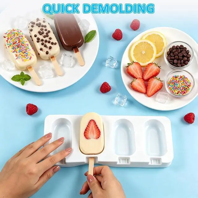 Alt view image 2 of 7 - 3 Pack Popsicles Molds, Silicone Popsicle Molds 4 Cavities Homemade Ice Cream Largre Oval Cake Pop Mold with 100 Wooden Sticks for DIY Pop,Cakesicles, Cake Pops