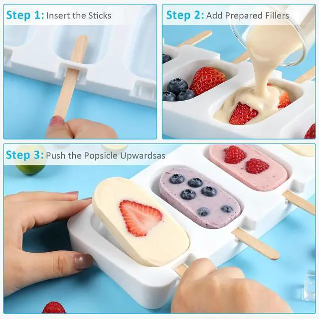 Alt view image 3 of 7 - 3 Pack Popsicles Molds, Silicone Popsicle Molds 4 Cavities Homemade Ice Cream Largre Oval Cake Pop Mold with 100 Wooden Sticks for DIY Pop,Cakesicles, Cake Pops