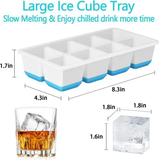 Alt view image 2 of 7 - Large Ice Cube Trays 2 Pack, Silicone Easy-Release and Flexible Ice Cube Molds with Lids,1.8" Big Square Cubed Ice Trays for Whiskey and Cocktail, BPA Free and Dishwasher Safe (Blue White)