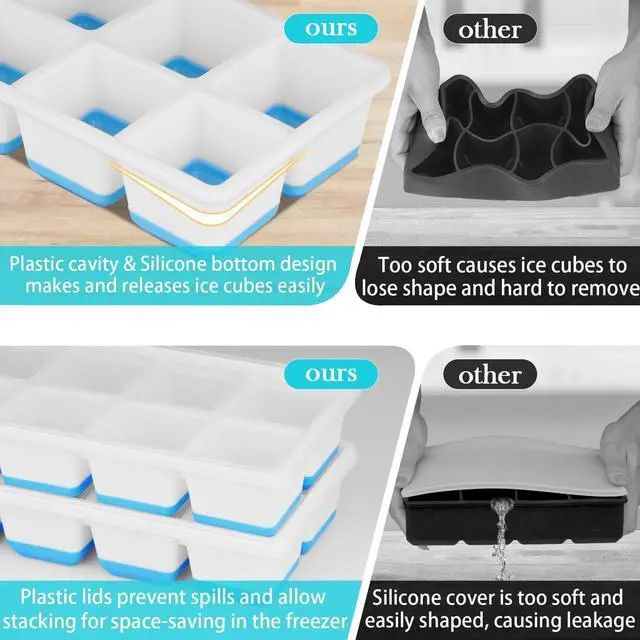 Alt view image 4 of 7 - Large Ice Cube Trays 2 Pack, Silicone Easy-Release and Flexible Ice Cube Molds with Lids,1.8" Big Square Cubed Ice Trays for Whiskey and Cocktail, BPA Free and Dishwasher Safe (Blue White)