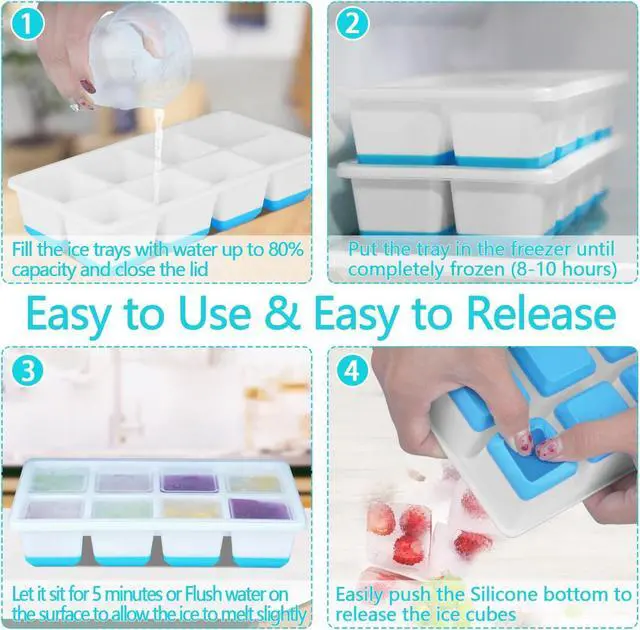 Alt view image 6 of 7 - Large Ice Cube Trays 2 Pack, Silicone Easy-Release and Flexible Ice Cube Molds with Lids,1.8" Big Square Cubed Ice Trays for Whiskey and Cocktail, BPA Free and Dishwasher Safe (Blue White)