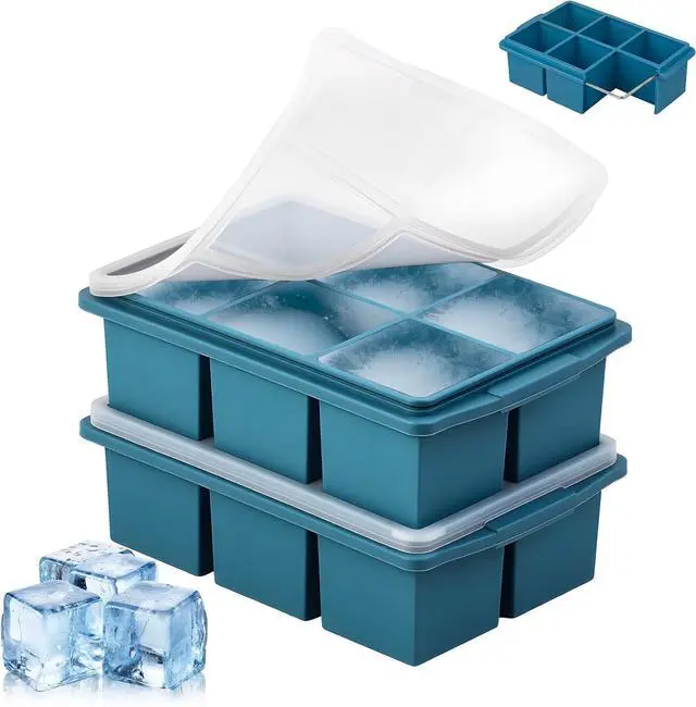 Main image of Large Ice Cube Trays for Whiskey (2 Pack) - Silicone Ice Cube Molds with Steel Frame Reinforcement & Lid, 2-Inch Square Ice Cubes for Whisky, Cocktails, Coffee, Tea - Easy Release