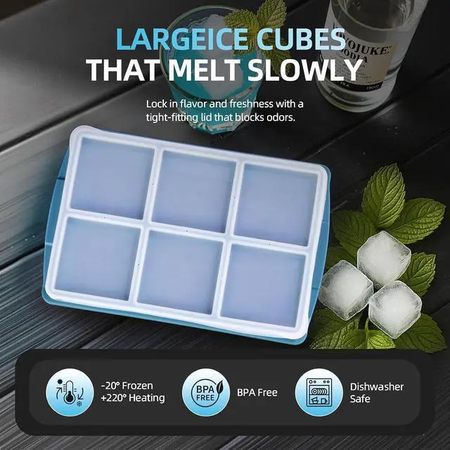 Alt view image 2 of 7 - Large Ice Cube Trays for Whiskey (2 Pack) - Silicone Ice Cube Molds with Steel Frame Reinforcement & Lid, 2-Inch Square Ice Cubes for Whisky, Cocktails, Coffee, Tea - Easy Release