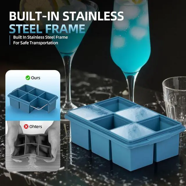 Alt view image 3 of 7 - Large Ice Cube Trays for Whiskey (2 Pack) - Silicone Ice Cube Molds with Steel Frame Reinforcement & Lid, 2-Inch Square Ice Cubes for Whisky, Cocktails, Coffee, Tea - Easy Release