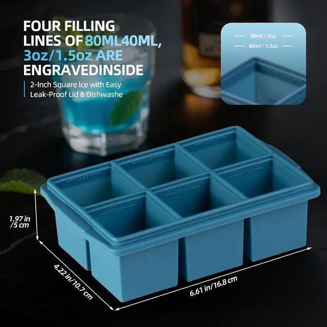 Alt view image 6 of 7 - Large Ice Cube Trays for Whiskey (2 Pack) - Silicone Ice Cube Molds with Steel Frame Reinforcement & Lid, 2-Inch Square Ice Cubes for Whisky, Cocktails, Coffee, Tea - Easy Release