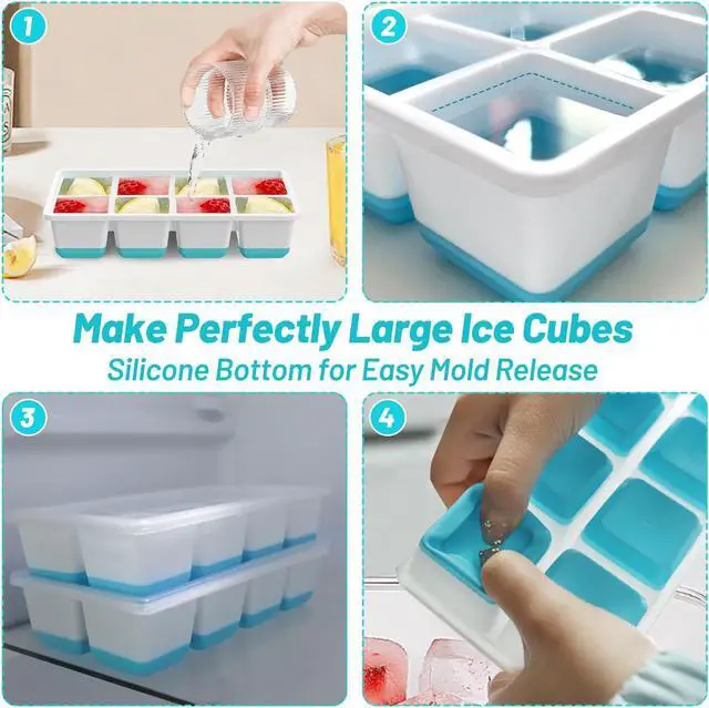 Alt view image 3 of 7 - VEHHE Ice Cube Tray, 2 Pack Reusable Large Ice Cube Molds with Lid | Blue | Easy Release Silicone Base Design | Food-Grade Material | Stackable Space-Saving Design | BPA Free and Dishwasher