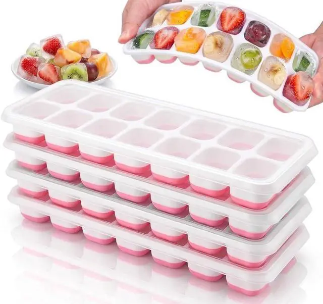 Main image of Set of 4 Stackable Silicone Ice Cube Trays with Removable Lids - Flexible, Spill-Resistant, Dishwasher Safe (Pink)