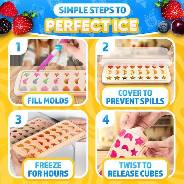 Alt view image 6 of 7 - Cute Ice Cube Tray with Lid, 24 Cavities, Flexible Silicone | Mini Star Ice Cube Tray; Stars, Moons & Hearts; Measuring Pipette; Dishwasher Safe; for Cocktails, Juice, Parties & Desserts