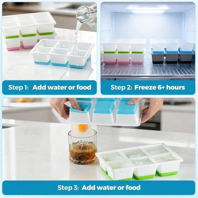 Alt view image 4 of 7 - Silicone Ice Cube Trays with Lids for Freezer, 2 Pack | Large Stackable Ice Trays, BPA & LFGB Safe, Easy Release, Ideal for Cocktails, Soup, Whiskey, Dishwasher Safe