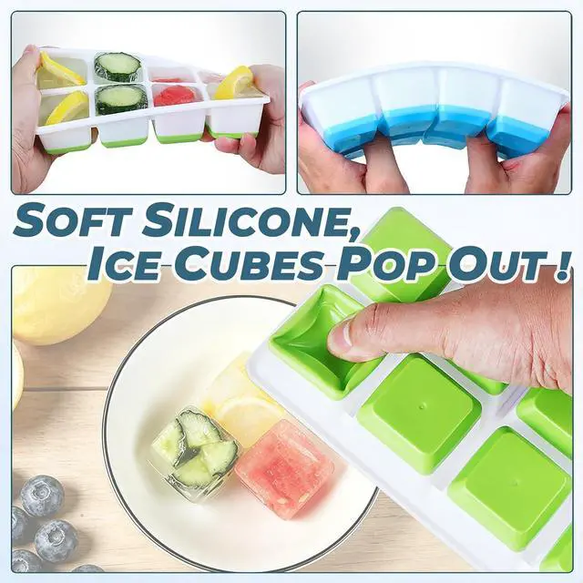 Alt view image 2 of 7 - Large Ice Cube Trays with Lid, Jrisbo 2 Pack Stackable Silicone Ice Cube Molds for Freezer, Easy Release 16 Big Square Ice Trays for Whisky Cocktails (Blue)