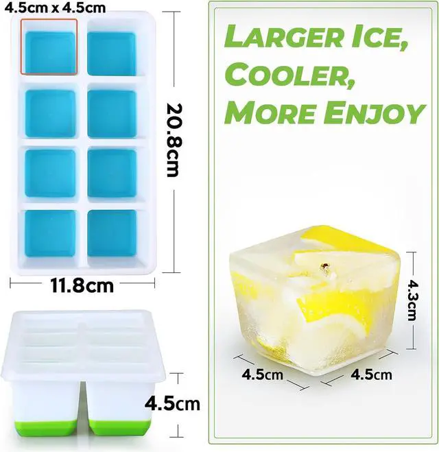 Alt view image 3 of 7 - Large Ice Cube Trays with Lid, Jrisbo 2 Pack Stackable Silicone Ice Cube Molds for Freezer, Easy Release 16 Big Square Ice Trays for Whisky Cocktails (Blue)