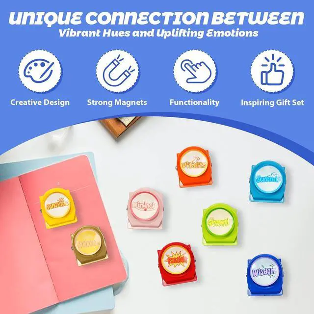 Alt view image 2 of 7 - Inspirational Chip Clips with Strong Magnets, Cute Magnetic Clips for Whiteboards, Lockers and Artwork Displays, Motivational Fridge Magnets for Home Decor and Office (8Pcs Bright Mood Collection)