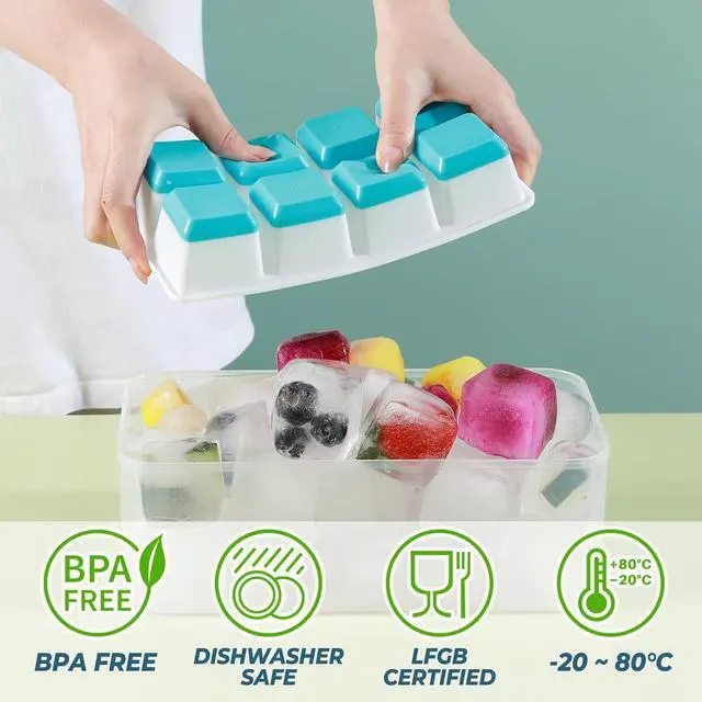 Alt view image 4 of 7 - Large Ice Cube Trays with Lid, Jrisbo 2 Pack Stackable Silicone Ice Cube Molds for Freezer, Easy Release 16 Big Square Ice Trays for Whisky Cocktails (Blue)
