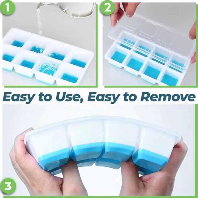 Alt view image 5 of 7 - Large Ice Cube Trays with Lid, Jrisbo 2 Pack Stackable Silicone Ice Cube Molds for Freezer, Easy Release 16 Big Square Ice Trays for Whisky Cocktails (Blue)