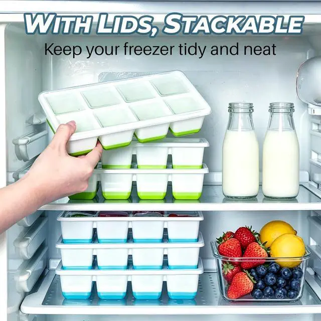 Alt view image 6 of 7 - Large Ice Cube Trays with Lid, Jrisbo 2 Pack Stackable Silicone Ice Cube Molds for Freezer, Easy Release 16 Big Square Ice Trays for Whisky Cocktails (Blue)