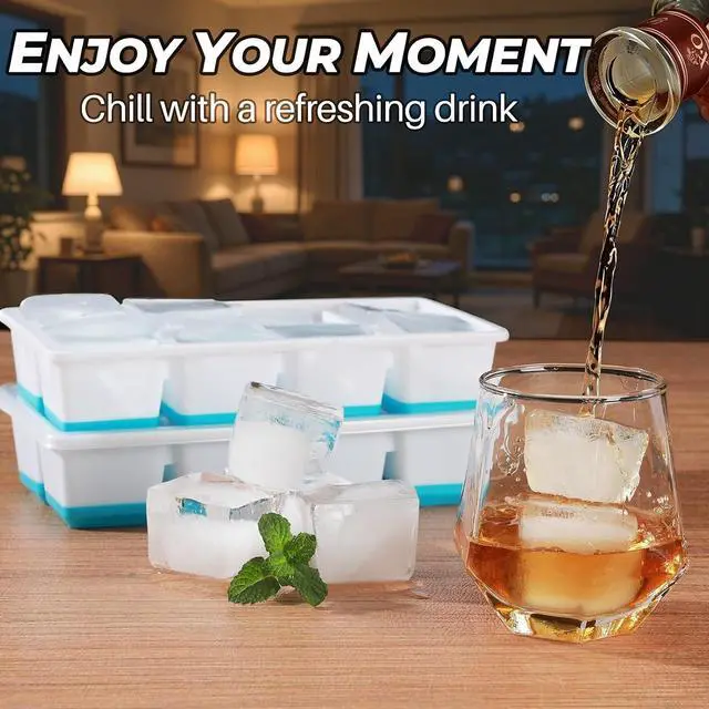 Alt view image 7 of 7 - Large Ice Cube Trays with Lid, Jrisbo 2 Pack Stackable Silicone Ice Cube Molds for Freezer, Easy Release 16 Big Square Ice Trays for Whisky Cocktails (Blue)