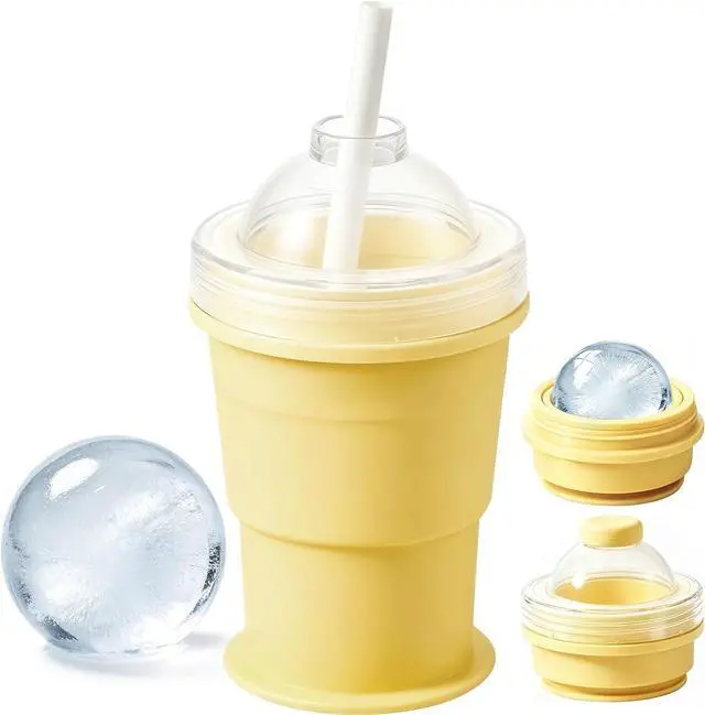 Main image of 2-in-1 Collapsible Silicone Ice Ball Maker Cup, Reusable Portable Large Ice Sphere Mold with Straw & Lid, Easy to Demo, Leakproof Travel Ice Cube Cup for Bourbon,Cocktails,Juice,Tea & Coffee (Yellow)